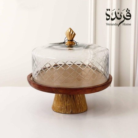 قالب كيك زجاج مع قاعدة خشب مع معدن هندي