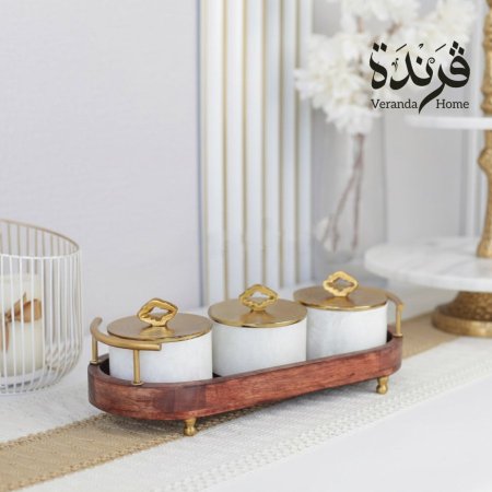 مضيفة ثلاثية رخام مع قاعدة خشب هندي