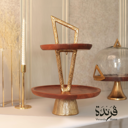 مضيفة طبقتين خشب مع حامل ذهبي هندي