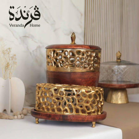 طقم سلة مع علبة محارم خشب مع معدن ذهبي هندي