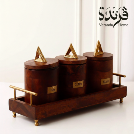 طقم 3 سكريات مع قاعدة خشب هندي