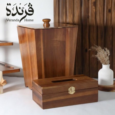 طقم سلة مهملات مع علبة محارم خشب