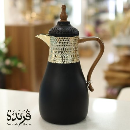 تيرموس قهوة معدن اسود مع ذهبي بيد خشب