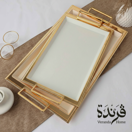 طقم 2 صواني ضيافة ستانلس ستيل ابيض مع ذهبي