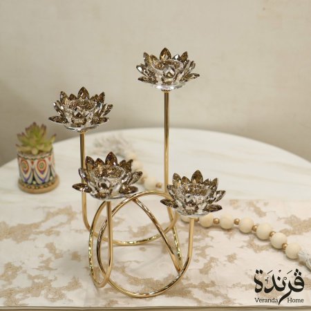 شمعدان معدن ذهبي كريستال بتصميم وردة لوتس رباعي فاخر