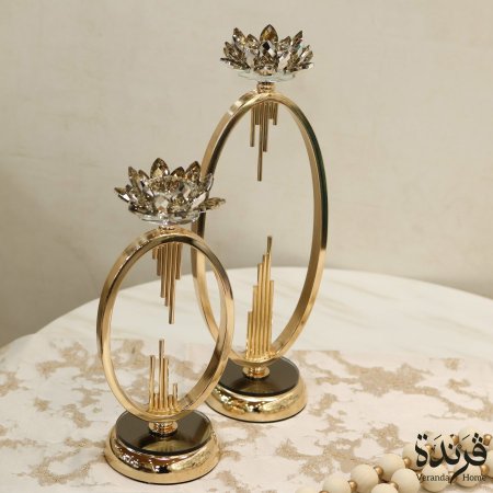 طقم 2 شمعدان معدن ذهبي بتصميم زهرة اللوتس كريستال
