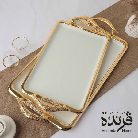 طقم 2 صواني ضيافة ستانلس ستيل ابيض مع ذهبي