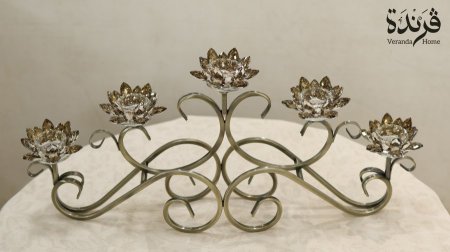 شمعدان معدن نحاسي خماسي مع وردة اللوتس كريستال