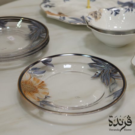 طقم 6 صحون تقديم كيك زجاج فاخر بنقشة الزهور