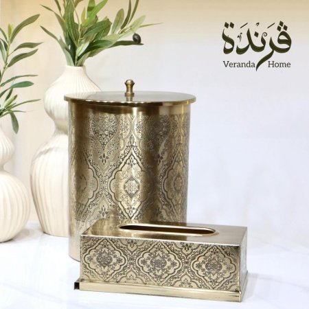 طقم سلة مهملات مع علبة محارم هندي مزخرف معدن