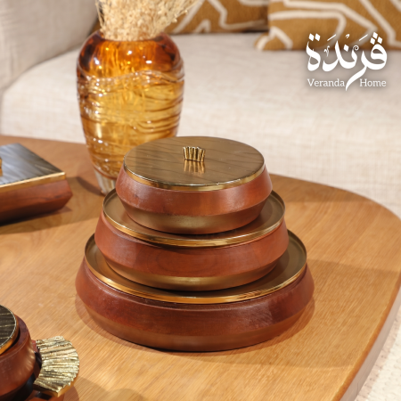طقم 3 مضايف خشب هندي مع غطاء معدن