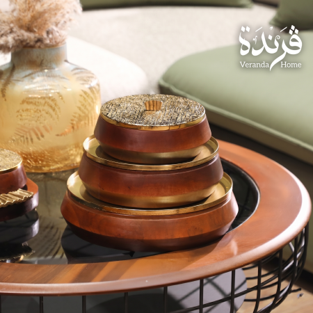 طقم 3 مضايف خشب هندي مع غطاء معدن
