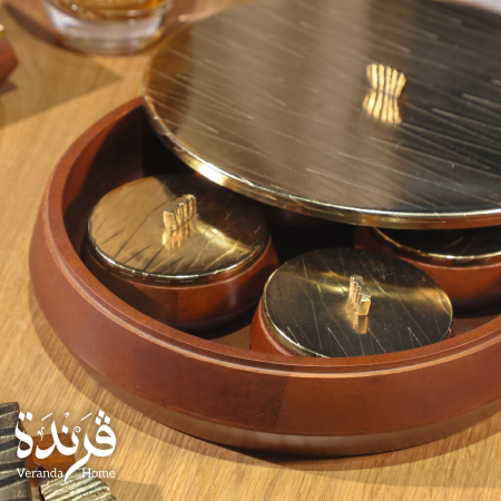 طقم 5 مضايف خشب هندي مع غطاء معدن