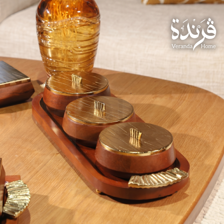 طقم 3 مضايف خشب هندي مع صينية خشب