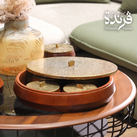 طقم 5 مضايف خشب هندي مع غطاء معدن
