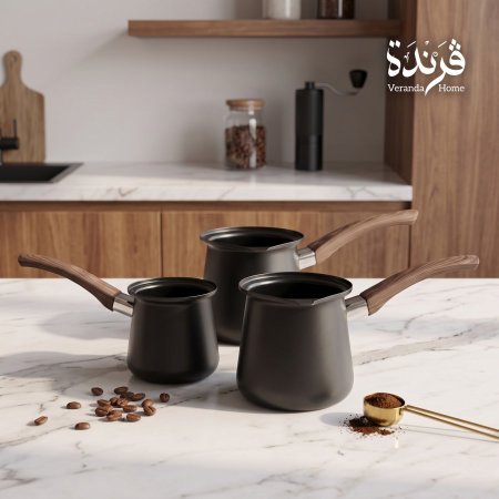 طقم 3 غلايات ستانلس ستيل مع يد خشب