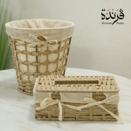 طقم سلة مهملات مع علبة محارم قش