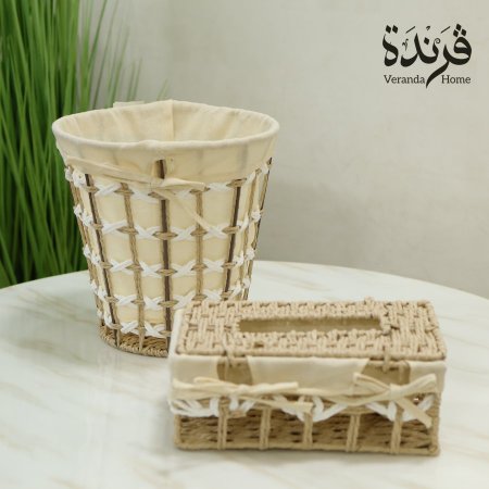 طقم سلة مهملات مع علبة محارم قش