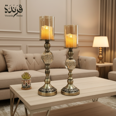 طقم 2 شمعدان برونز فاخر معدن مع زجاج